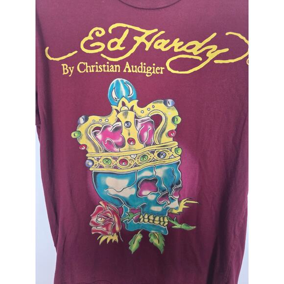 Ed Hardy Crowned Skull & Rose Graphic Tee Maroon Christian Audigier Y2K M - Picture 4 of 7
